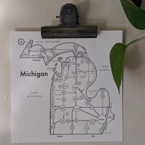 A very simple diagram of a very beautiful state. From Iron Mountain to Detroit travel the Mitten State in style from your own home! 

* 8 x 8 inches
* Letterpress printed in the USA