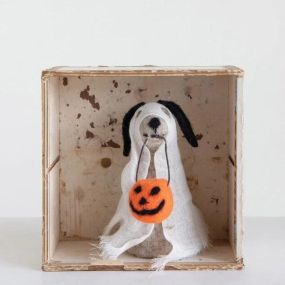 Place this spooky pup with his ghostly attire and pumpkin anywhere for small treat to your Halloween décor. We all love this adorable handmade wool felt dog wearing a spooky ghost costume!

3.5