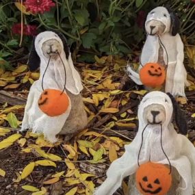 Place this spooky pup with his ghostly attire and pumpkin anywhere for small treat to your Halloween décor. We all love this adorable handmade wool felt dog wearing a spooky ghost costume!

3.5