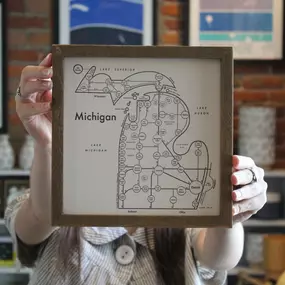 A very simple diagram of a very beautiful state. From Iron Mountain to Detroit travel the Mitten State in style from your own home! 

* 8 x 8 inches
* Letterpress printed in the USA