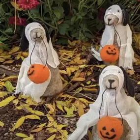 Place this spooky pup with his ghostly attire and pumpkin anywhere for small treat to your Halloween décor. We all love this adorable handmade wool felt dog wearing a spooky ghost costume!

3.5