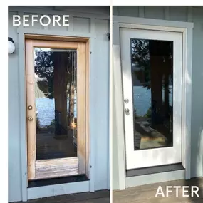 This cabin needed something that would hold up better so they went with a Therma Tru smooth fiberglass door