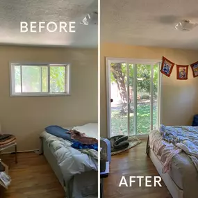 Here we too an ordinary bedroom window and cut in a patio door.