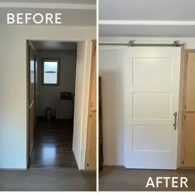 Barn door install adds privacy where it is needed.