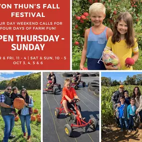 What's better than a fall weekend? 4️⃣ days of Fall Festival FUN! ???? Our Activity Area, hayrides, apple orchard, and pumpkin patch will be open Thursday and Friday (10/3 & 10/4) while the kiddos are off school and then the weekend kicks off our Fall Festival PLUS Weekends! Yeehaw! ✨