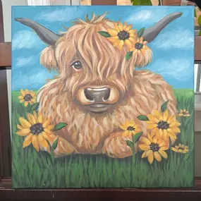 Join us for a moo-velous evening of creativity and cuteness at our Pet & Paint Class with Artstitution—a local art studio that knows how to bring your inner artist to life!
You’ll learn step-by-step how to paint a portrait of Hope, the fluffiest and friendliest new addition to the farm. That’s right… our sweet Highland cow Hope will be grazing in the pasture as your live model! ????