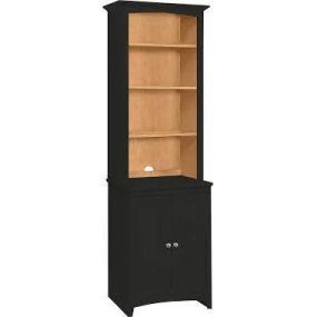 Alder wood 24 inch cabinet and hutch in Tricom Black with Natural Alder finish or special order in additional finish combinations.  One adjustable shelf behind the doors and three adjustable shelves in the hutch.