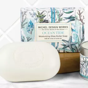 A cool, clean scent and a peaceful scene in aquamarines and blues express the serenity of the seashore in the Ocean Tide collection from Michel Design Works. Savor the last bit of summertime while it lasts with these delicious-smelling bar soaps! ???? ????⁠