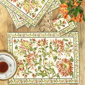 There's such a fun, vibrant energy imbued in the miraculous Chrissy on cotton. From the artfully accentuated petals to the striking coloration - these Chrissy placemats will exude fall and are perfect for your autumn seasonal decor.