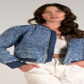 LONG SLEEVE CROPPED QUILTED DENIM BOMBER JACKET WITH AN EMBROIDERED FLORAL PATTERN AVAILABLE IN THE COLOR BLUE DENIM