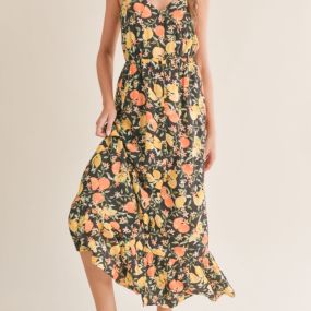 V NECK SPAGHETTI STRAP FLORAL CITRUS BUTTON DOWN MAXI DRESS AVAILABLE IN A BLACK COLOR PATTERN