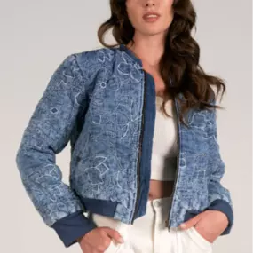 LONG SLEEVE CROPPED QUILTED DENIM BOMBER JACKET WITH AN EMBROIDERED FLORAL PATTERN AVAILABLE IN THE COLOR BLUE DENIM