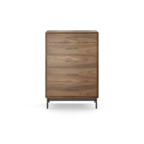 Crafted with beautiful natural hardwoods and hardwood veneers, LINQ’s smooth, contoured design lends modern elegance to any bedroom.  Tall and modern, the LINQ 5-drawer chest stands strong with precision construction. Included wire wraps attach to the back to keep cords controlled.