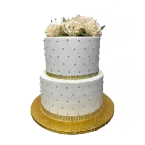 The House of Marissa's Cake - 2 tier anniversary cake white and gold with natural roses