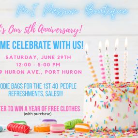 Come celebrate with us!

Goodie bags for first 40 people refreshments, sale!!!

Enter to win a year of free clothes. (with purchase)