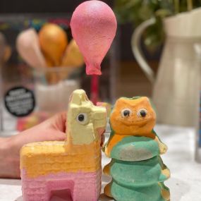 In-store Party exclusive products - Balloon Bubble Bar, Cilla the Caterpillar Bath bomb and Calm A Llama Bath Bomb