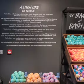 LUSH 'We Believe' Statement on the wall next to the bath section in-store