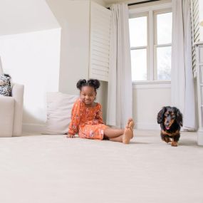 girl and dog playing on carpet