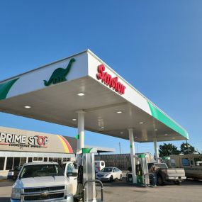 gas station canopy and pumps