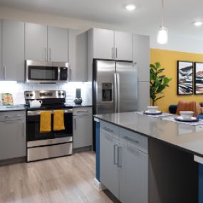 Kitchen with two modern cabinetry options with soft-close cabinets and polished chrome hardware and fixtures