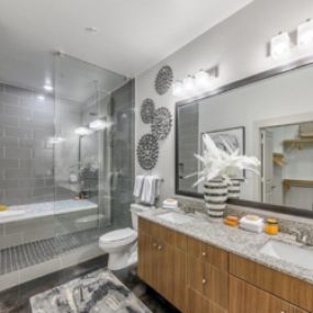 Bathroom with a Double Vanity, Granite Countertops and Vertical Spa Shower/Tub Combination