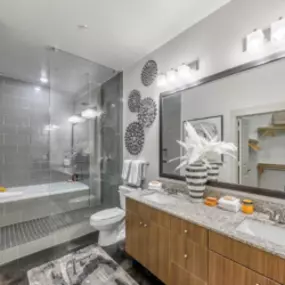 Bathroom with a Double Vanity, Granite Countertops and Vertical Spa Shower/Tub Combination