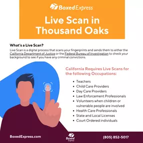 ???? Live Scan Now Available in Thousand Oaks! ????️


A Live Scan is a digital fingerprinting process that checks your background with the California Department of Justice or the Federal Bureau of Investigation. It’s required for various occupations and ensures that you’re cleared for your role.


California requires Live Scans for:

Teachers ????‍????
Child Care Providers ????
Day Care Providers ????
Law Enforcement ????️‍♂️
Volunteers (working with children or vulnerable populations) ????‍♀️
