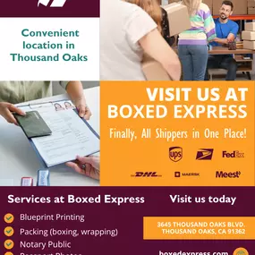 ???? Finally, ALL shippers in one place!
Whether it’s UPS, FedEx, DHL, USPS, or more — we’ve got you covered.


???? Conveniently located in Thousand Oaks
????️ Services include:
✅ Blueprint Printing
✅ Packing & Shipping
✅ Notary Public
✅ Passport Photos
…and so much more!


???? Visit us at:
3645 Thousand Oaks Blvd, Thousand Oaks, CA 91362
???? boxedexpress.com


✨ Fast. Friendly. Local.


#BoxedExpress #ThousandOaksBusiness #ShippingCenter #FedEx #UPS #DHL #NotaryPublic #PassportPhotos #PrintS
