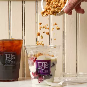 Yogurt Parfait with granola available every day as part of our Grab-to-Go menu at PJ's Coffee on Braun Road in San Antonio, TX. Just pour the granola and out you go!