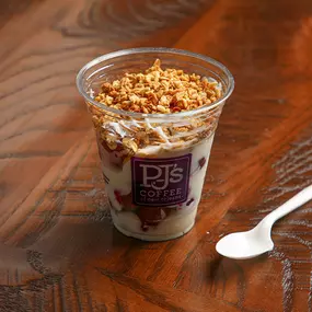 Yogurt Parfait with granola, the perfect breakfast when you're in a hurry. Grab yours to-go today from PJ's Coffee on Braun Road in San Antonio, TX!