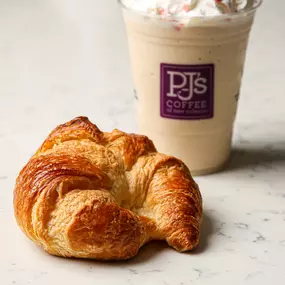 Croissant with Seasonal Peppermint Bark Velvet Ice drink