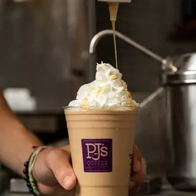 Frozen Granita with Caramel Drizzle served daily at PJ's Coffee on Braun Road in San Antonio, TX.