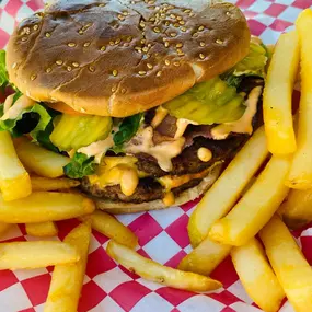 Birria burger and fries