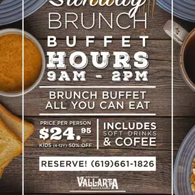 NEW to Restaurant Vallarta Mexican & Seafood in San Diego, CA: Our Sunday Brunch from 9am-2pm. All-you-can eat Mexican food for just $24 includes coffee and mimosas. Stop in today and give it a try!