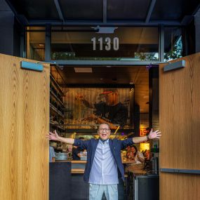 Momosan Santana Row front entrance with Chef Morimoto