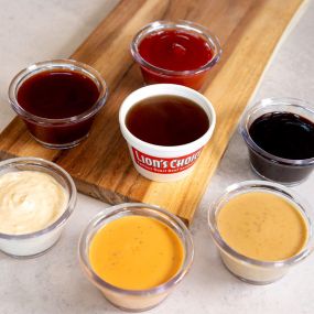 Dunk it. Drench it. Our sauces: horseradish, tangy BBQ, honey mustard, sweet BBQ, chipotle ranch.