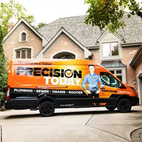 Precision Today Plumbing Heating Cooling Electrical van outside of the house