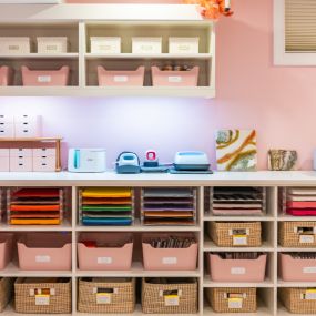 A pink-themed craft room
