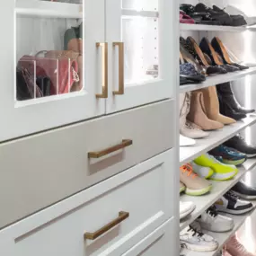 Slanted shoe shelves with shoe rail holding leather boots