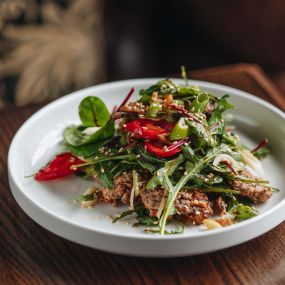 Roasted allotment salad, pumpkin seeds, basil dressing