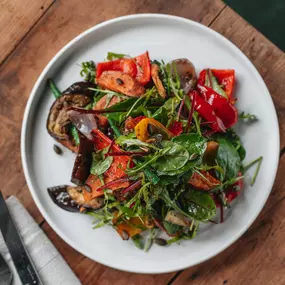 Roasted allotment salad, pumpkin seeds, basil dressing