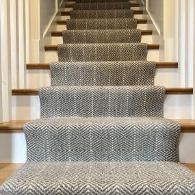 Grey wool carpet installed as stair runner carpet.