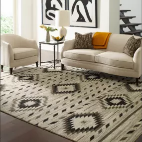 Moroccan style area rug in living room.