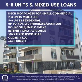 Apply now for DSCR Small Commercial 5-8 Unit Residential/Mixed Use real estate investor loans at https://themortgagecalculator.com/Mortgage/QuickQuote