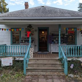 Welcoming front porch at Books to be Red store in Ocracoke, North Carolina.