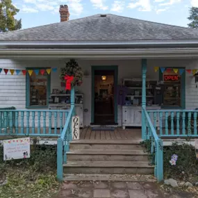 Welcoming front porch at Books to be Red store in Ocracoke, North Carolina.