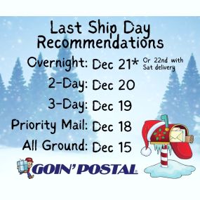 Hey all…sorry for the late notice but here are the recommended last shipping days (domestic) for items being sent with a goal to get “there” by Christmas. 

Ground Services (USPS, FedEx, UPS): Dec 15
USPS Priority Mail: Dec 18
3-Day (FedEx/UPS): Dec 19
2-Day (FedEx/UPS): Dec 20
Overnight (FedEx/UPS): Dec 21* (or Dec 22 with a Saturday delivery where available)

Of course all Ground services and Priority Mail are “estimated” delivery windows and not guaranteed.

But we will help you figure all th