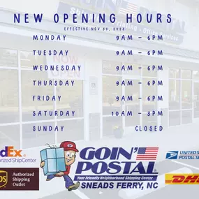 Goin’ Postal of Sneads Ferry is excited to share that starting this Saturday, December 2, 2023 we will be open on Saturdays! Get all your mailing, shipping, and packing done at the best and friendliest shipping center in Sneads Ferry. Shipping UPS, USPS, FedEx, and DHL. We have the largest selection of shipping boxes and mailing supplies in the area and can find (or make) the right-sized box for your needs.