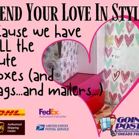 Send your love this Valentine's season in style. Goin’ Postal of Sneads Ferry has the widest, best, most colorful (and most memorable) selection of decorative shipping boxes, padded mailers, and poly bags. Shipping FedEx, UPS, USPS, and DHL each and every day- at your friendly (and loving) neighborhood shipping center- Goin’ Postal of Sneads Ferry.