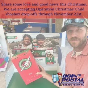 It is Shoebox season again! Goin’ Postal of Sneads Ferry is happy to support Operation Christmas Child again this year. We are now accepting shoebox drop-offs through November 21st. If you don’t have a shoebox to fill for a needy child, come pick one up from us!